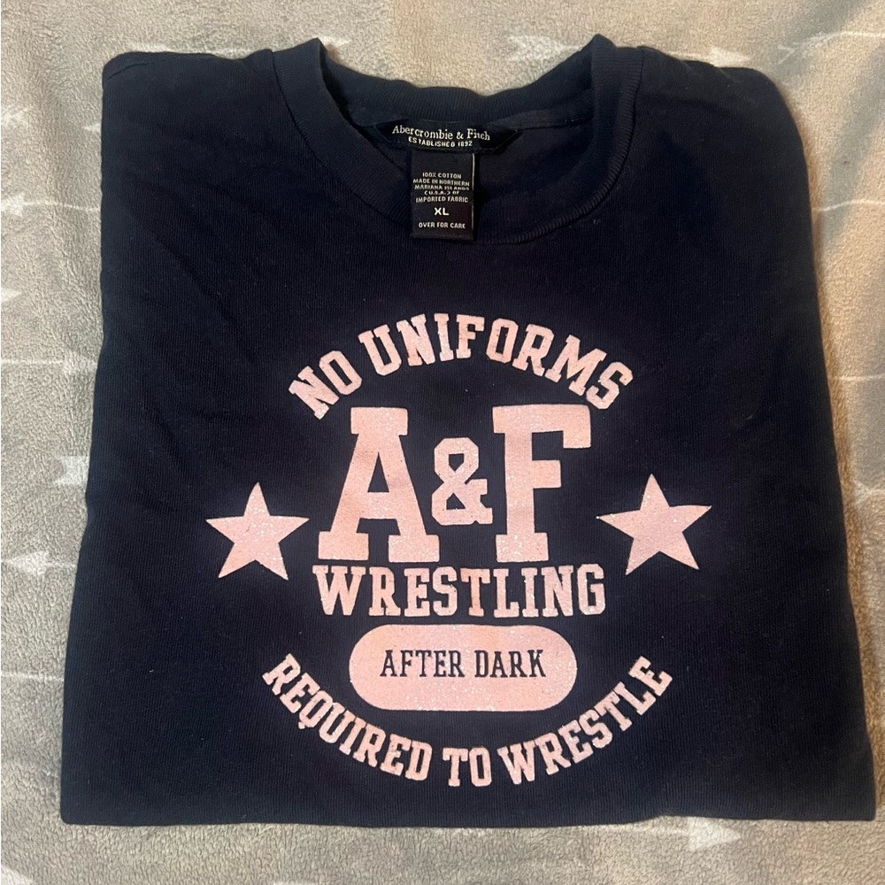 Y2K Abercrombie & Fitch Dark Blue Tee with Pink Glitter Wrestling Graphic